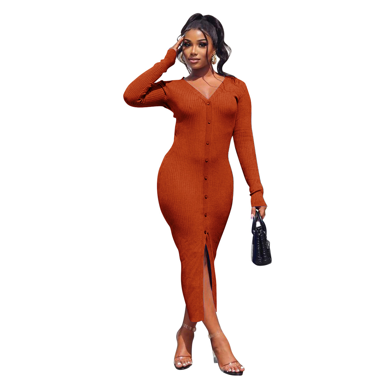 Plus Size Dress Amazon new autumn and winter thread slit slim fit sexy dress