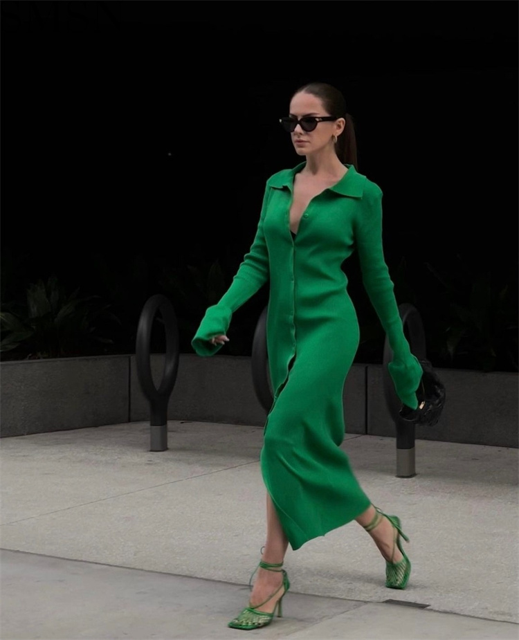 Fashion women dress Amazon long sleeve V neck long button bell sleeve dress sweater