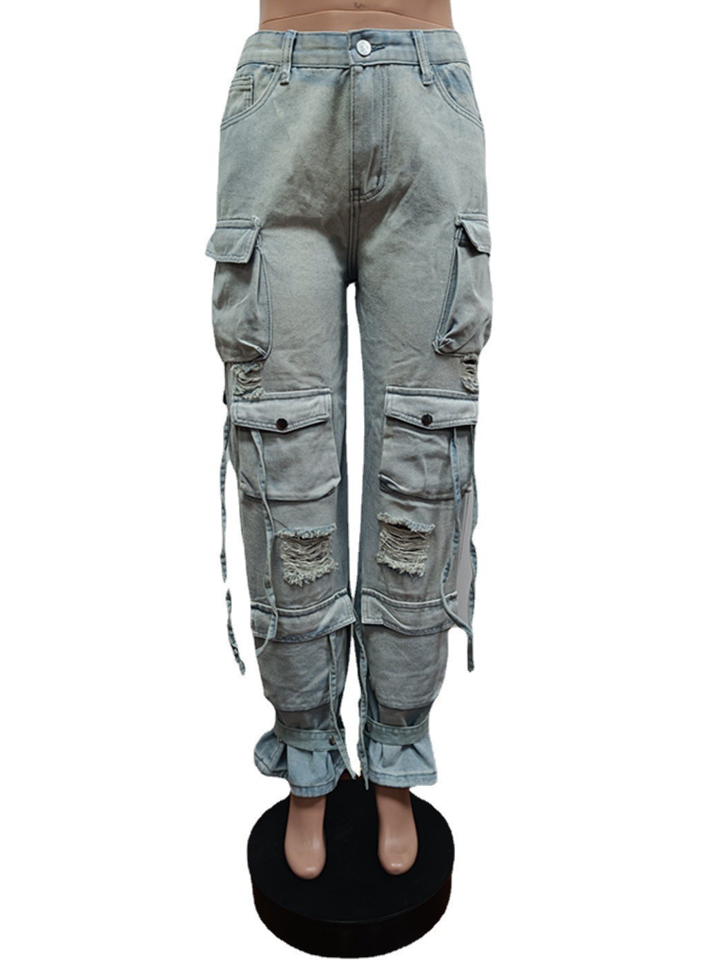 Fashion denim retro casual three-dimensional pocket pants