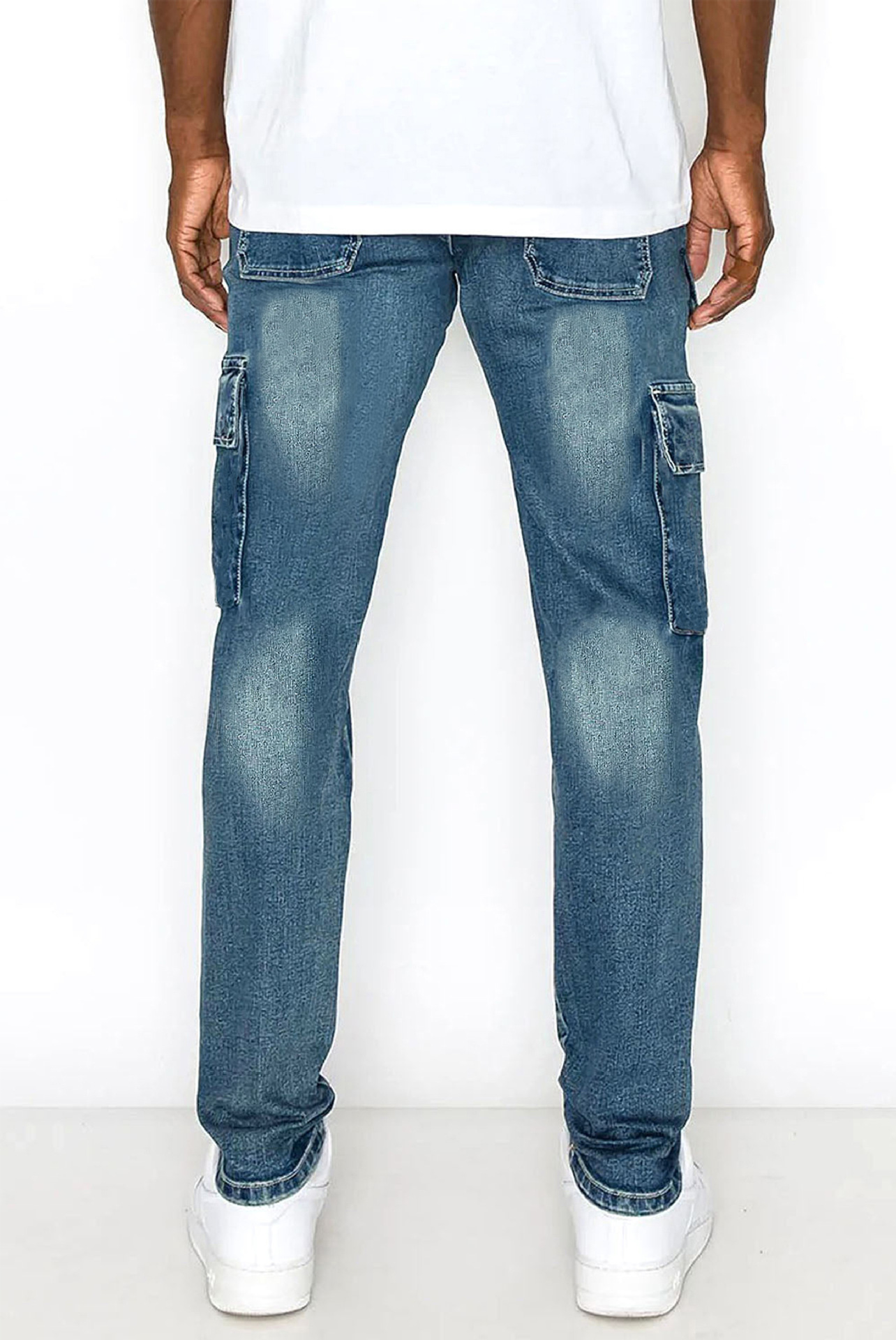 Fashion elastic side pocket jeans men's cargo pants