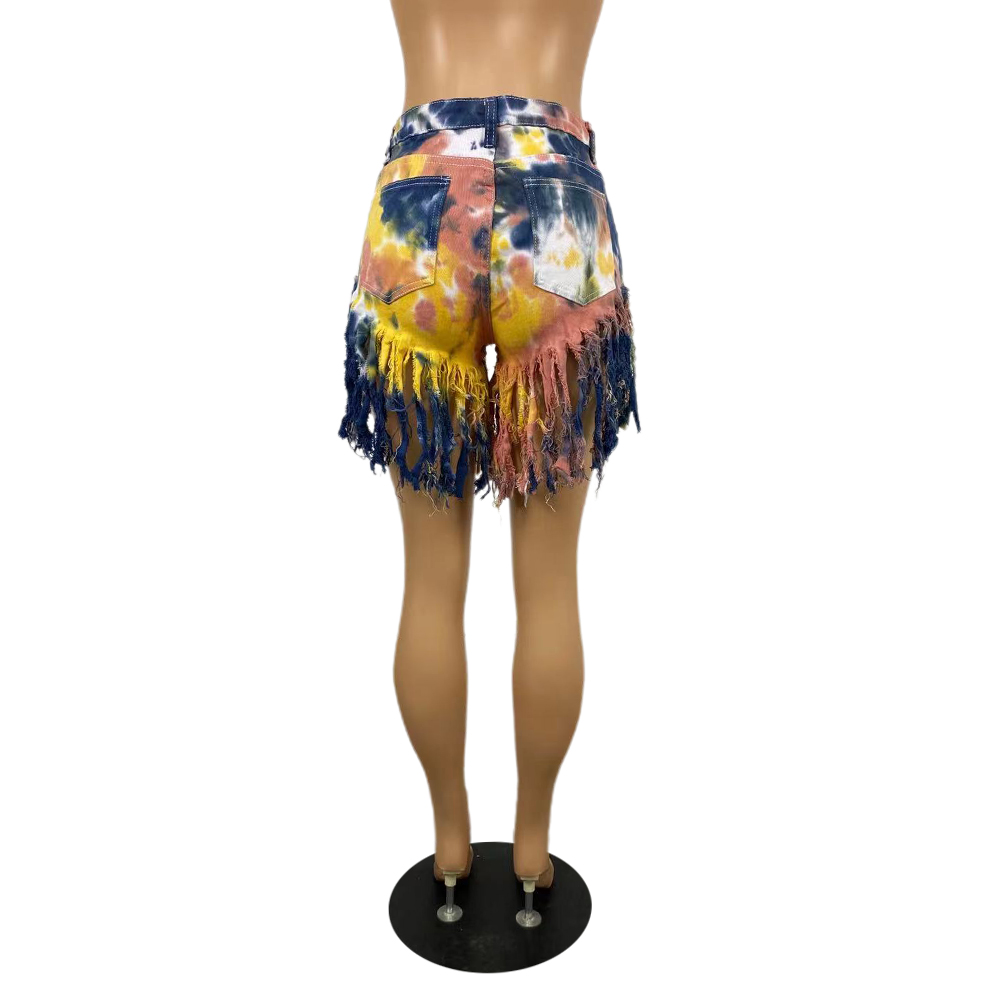 Tie dyed denim shorts with tassels