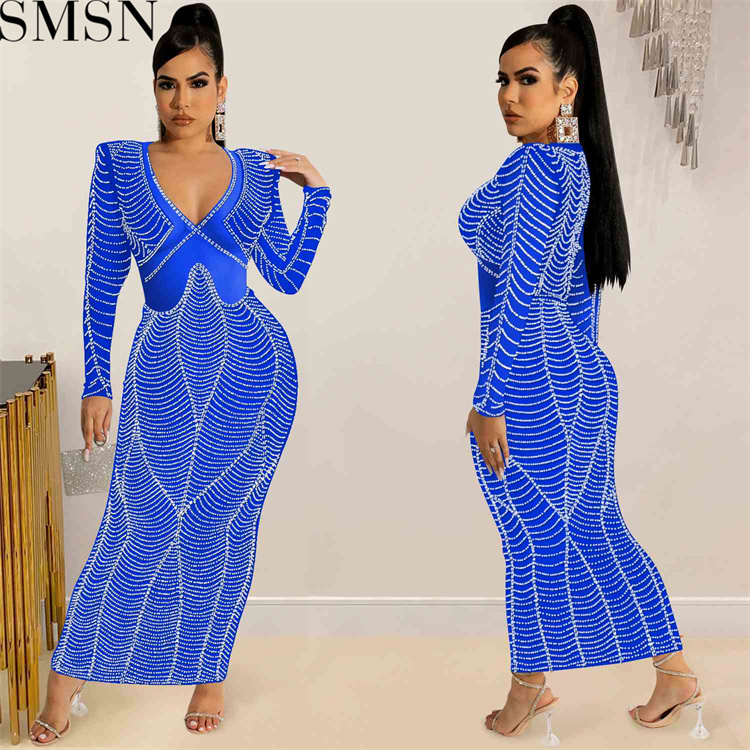 Casual Dress sexy nightclub hot rhinestone mesh see through V neck long sleeve dress for women
