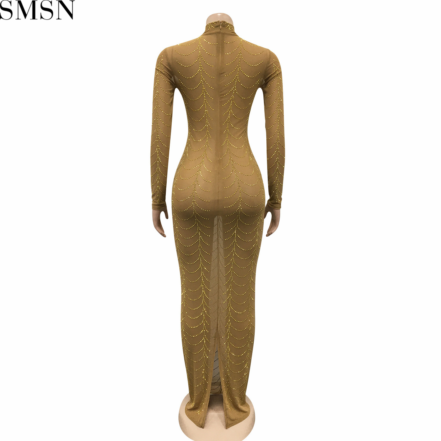 Plus Size Dress fashion new sexy nightclub hot rhinestone mesh see-through long sleeve dress