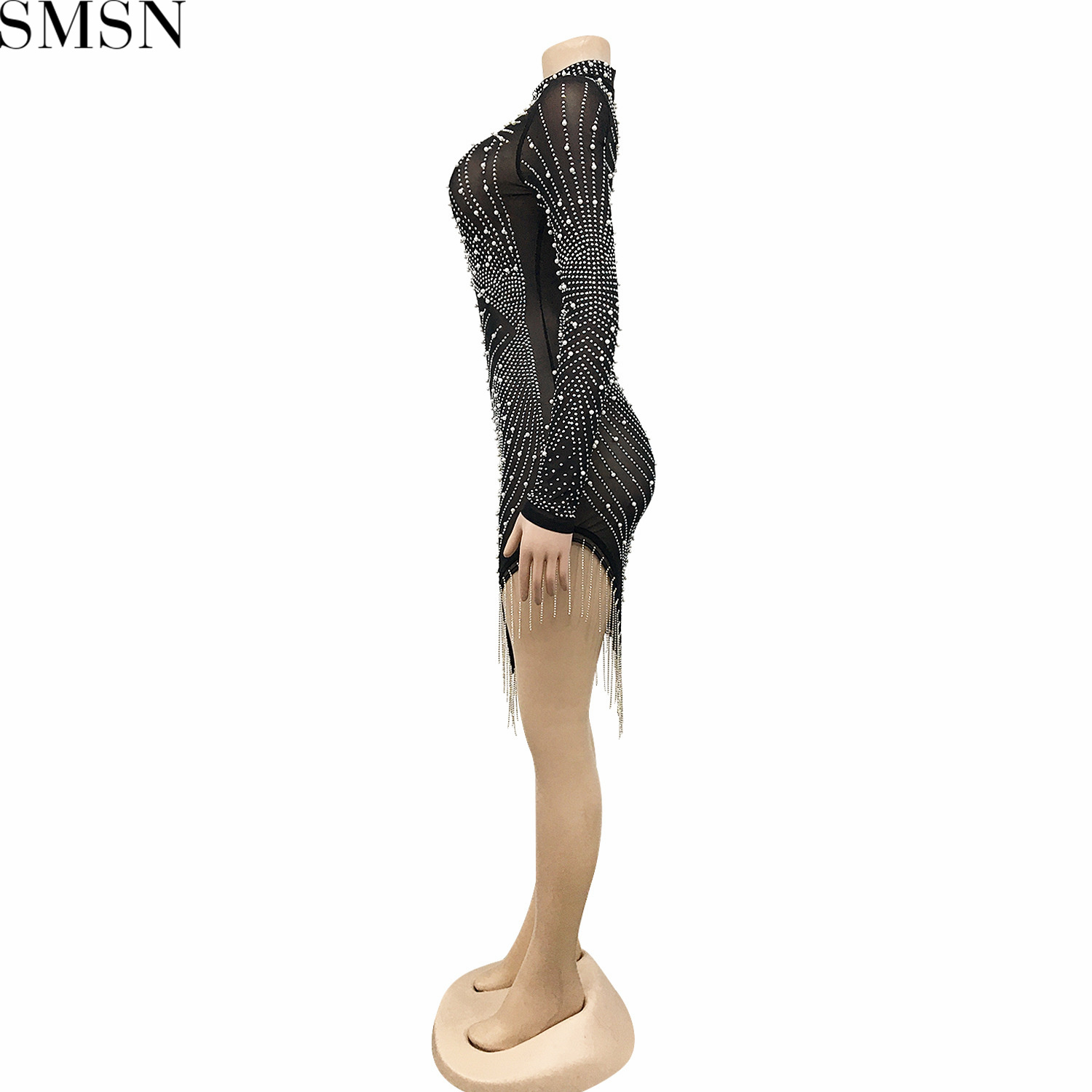 Fashion dress for women sexy nightclub mesh see-through hot rhinestone bubble bead tassel round-neck long-sleeved dress