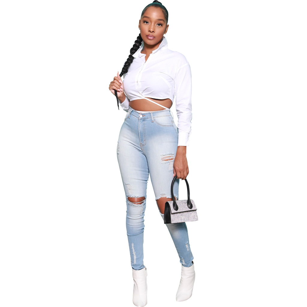 Hole washing slim elastic denim Leggings