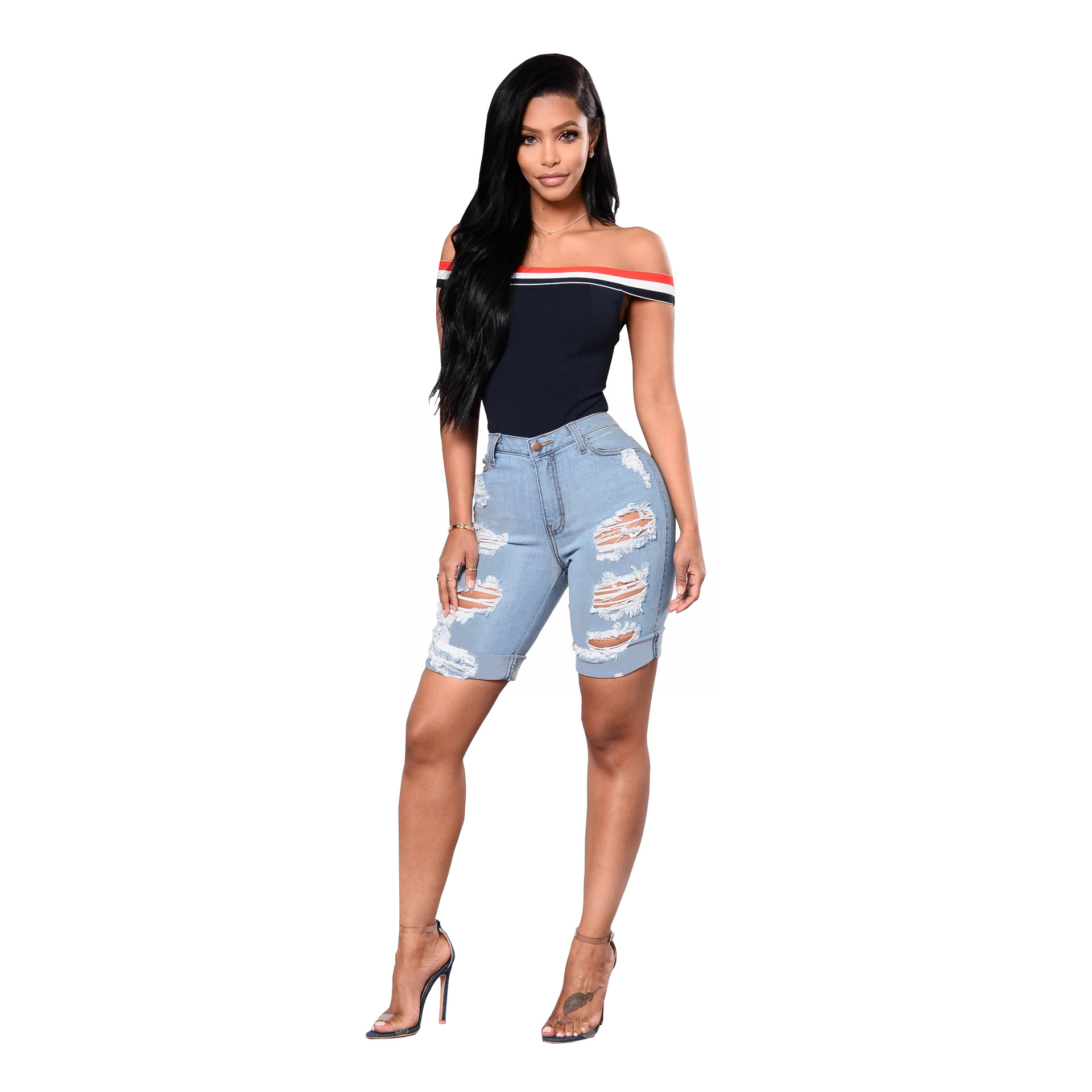 Fashionable water wash hole high waist jeans