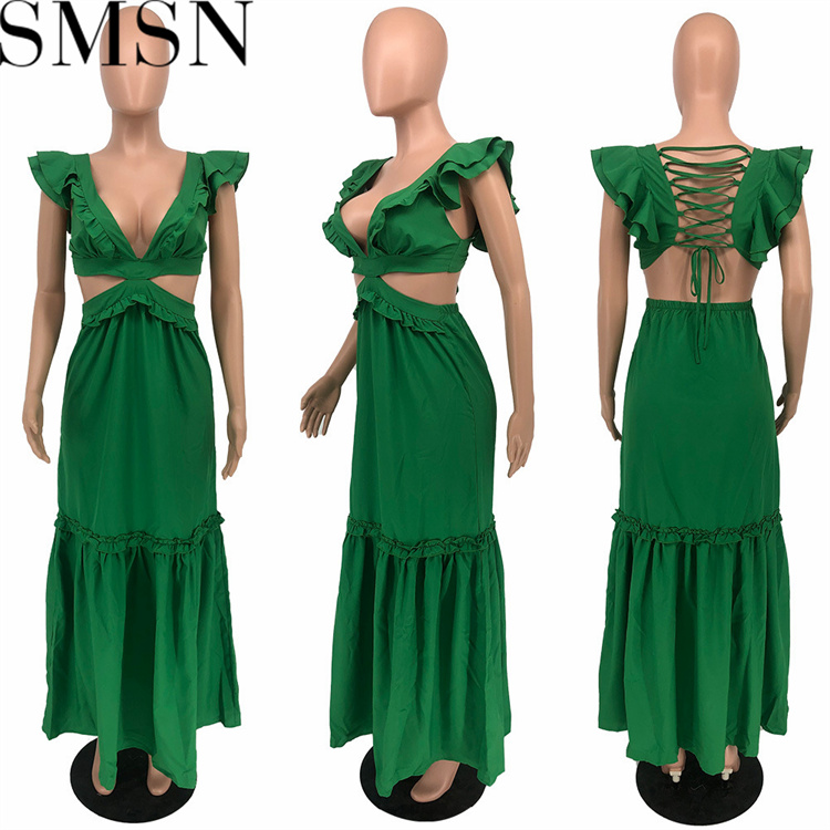 Plus size dress Amazon Quality Dress Sexy Deep V Lace up Wooden Ear Ruffled Vest Dress