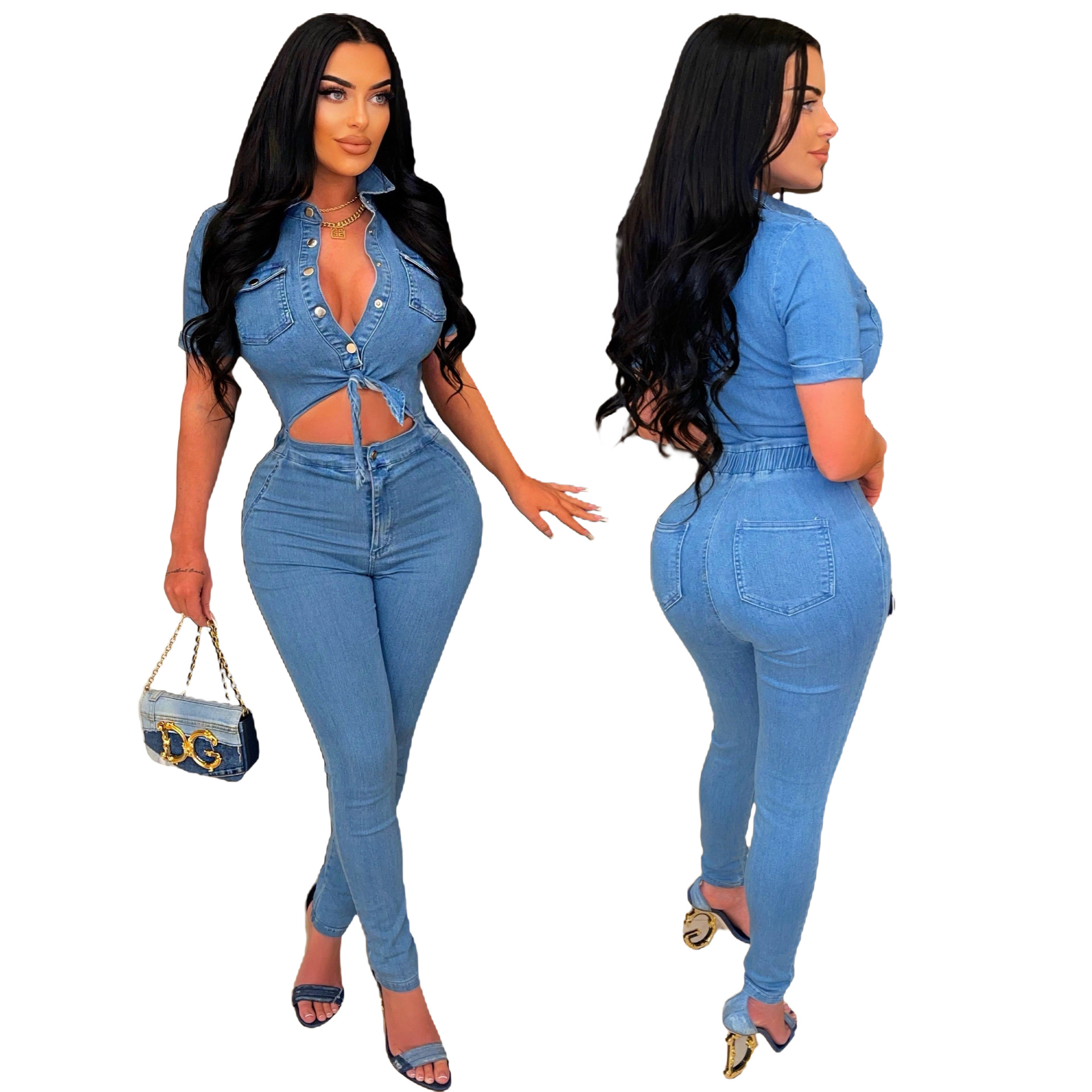Sexy slim fitting fashion short sleeved denim jumpsuit