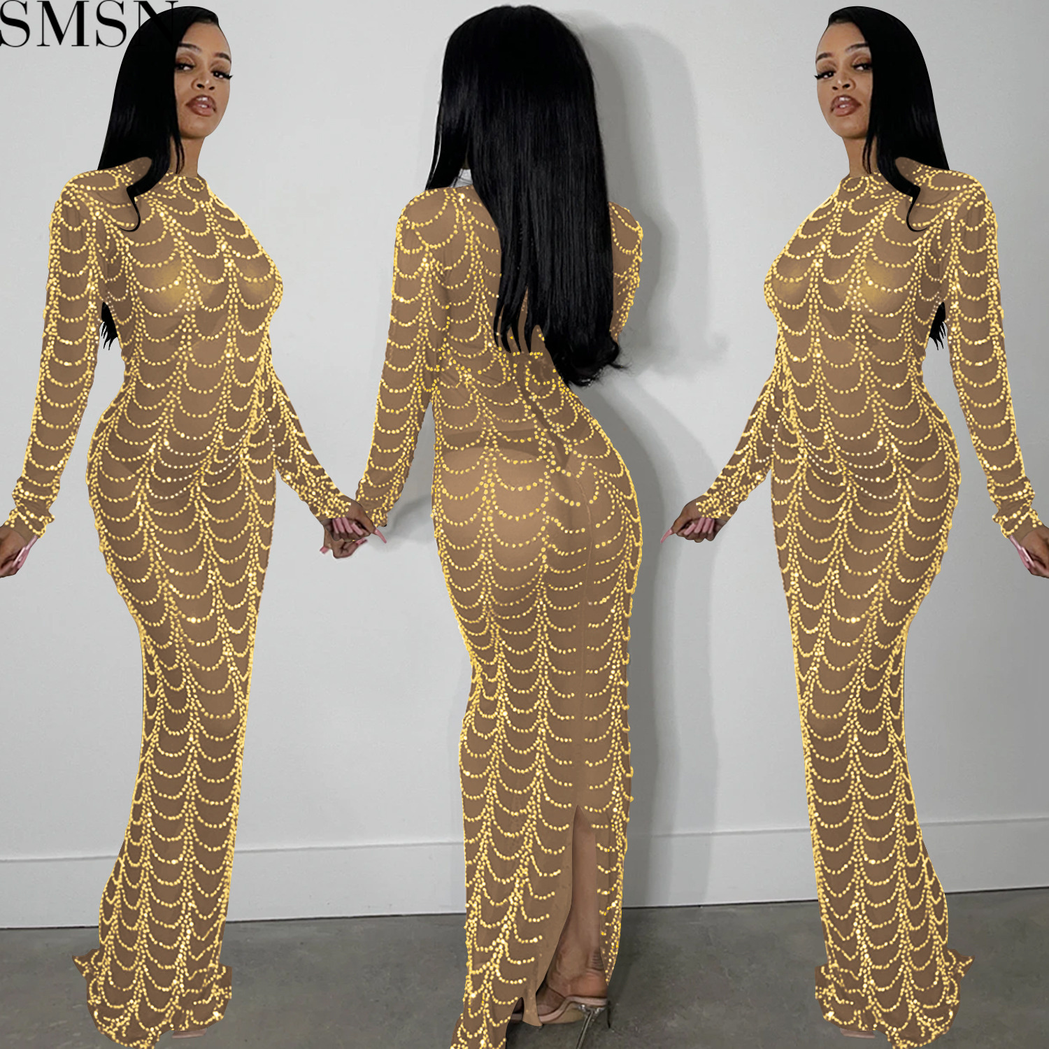 Plus Size Dress fashion new sexy nightclub hot rhinestone mesh see-through long sleeve dress