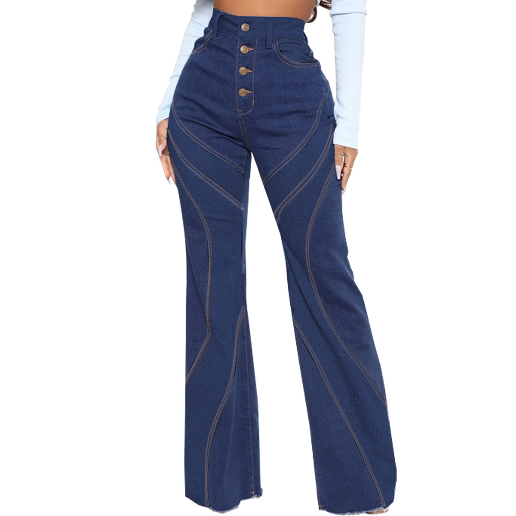 Patchwork denim elastic slim flare pants