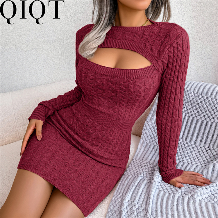 Plus Size Dress 2022 autumn and winter sexy hollow twist waist hip skirt woolen Dress