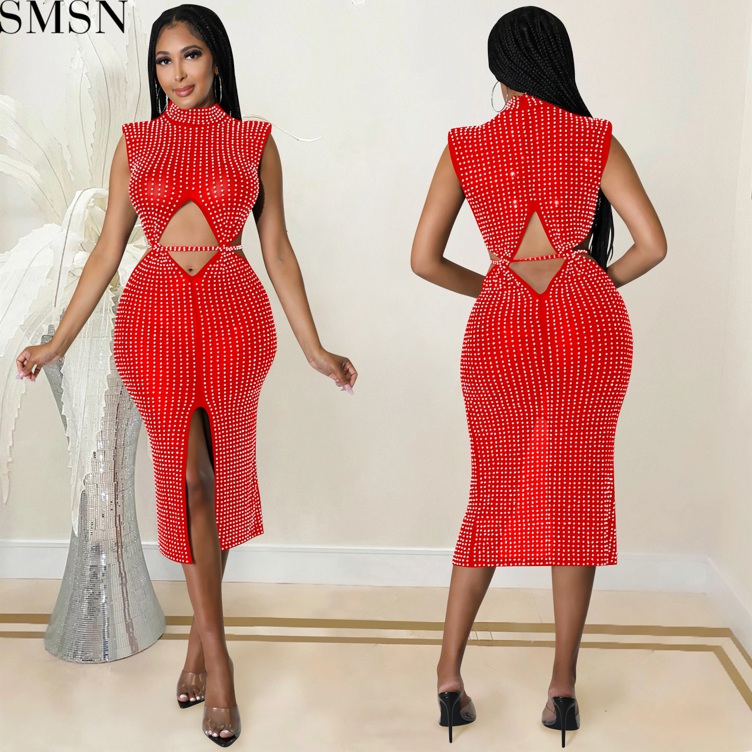 Fashion women dress sexy mesh see-through hot rhinestone hollow split dress women's clothing plus size casual dress