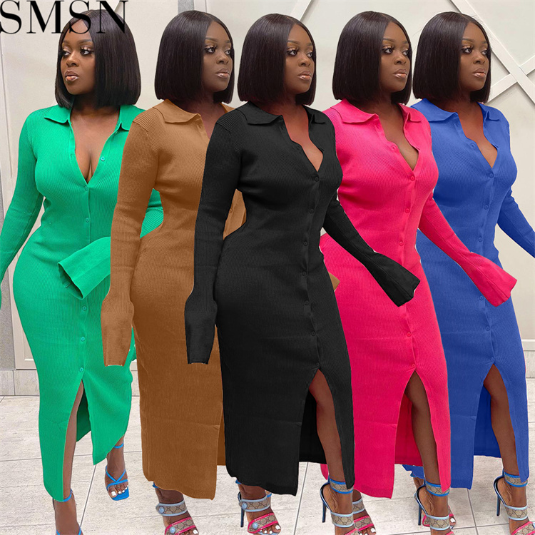 Fashion women dress Amazon long sleeve V neck long button bell sleeve dress sweater