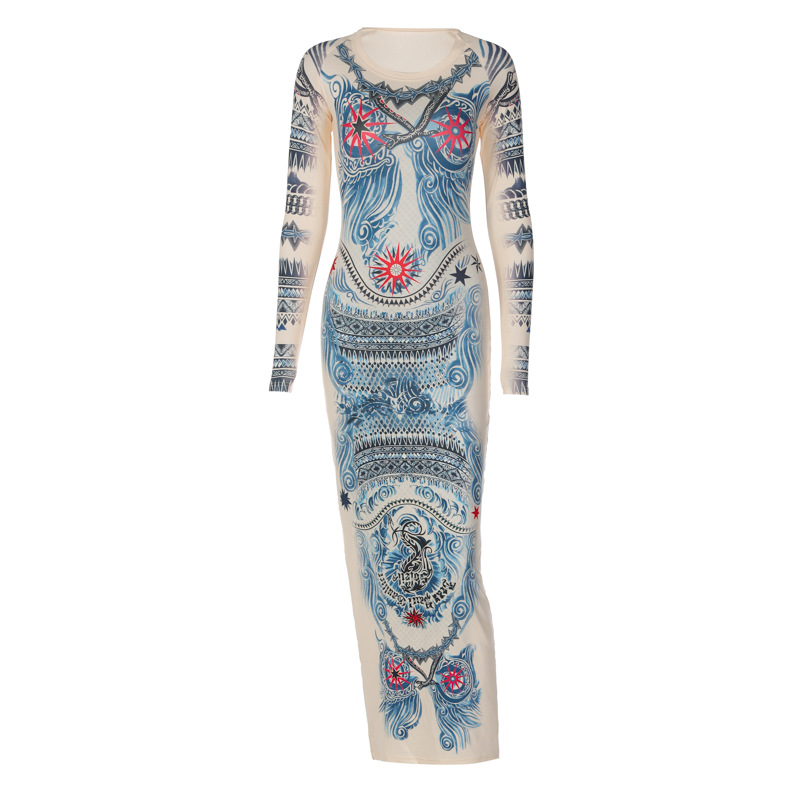 Long Sleeve Round Neck Printed Maxi Dress Fashion Slim Dress
