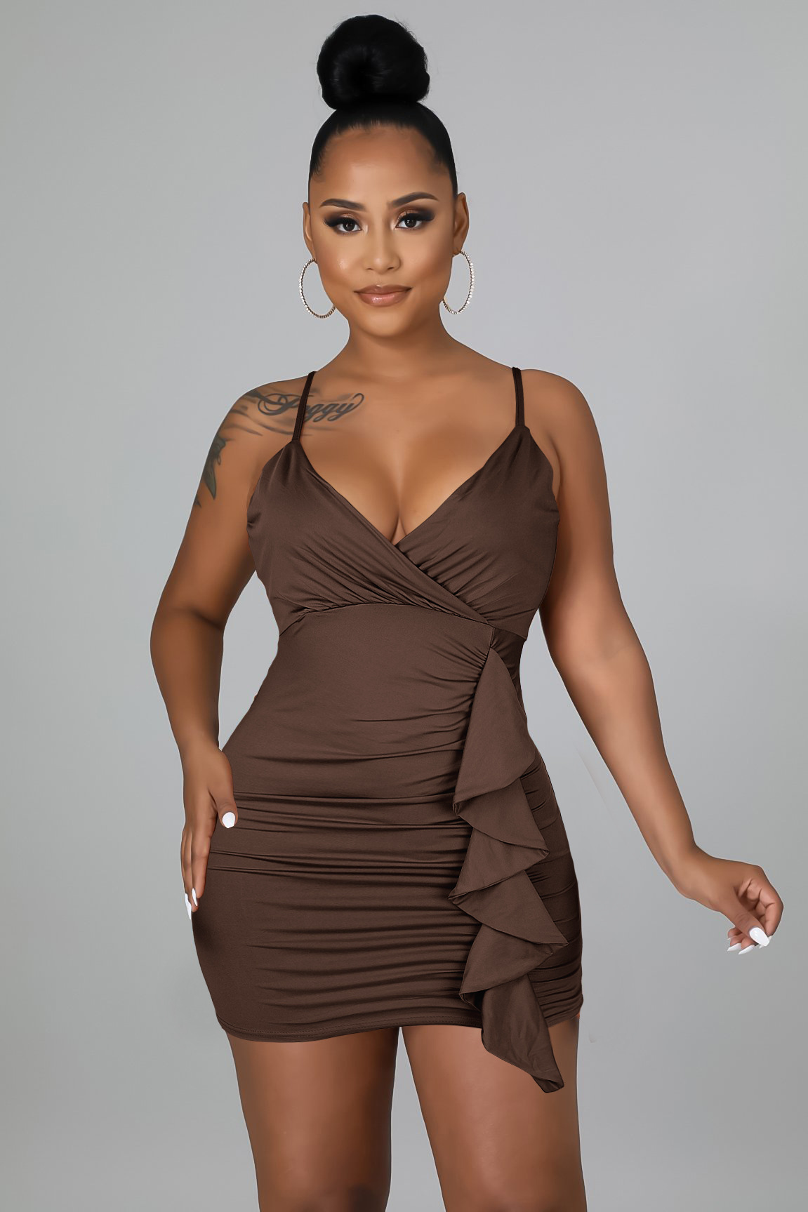 Fashion women dress sexy ruffled V neck topless sling bag hip nightclub dress