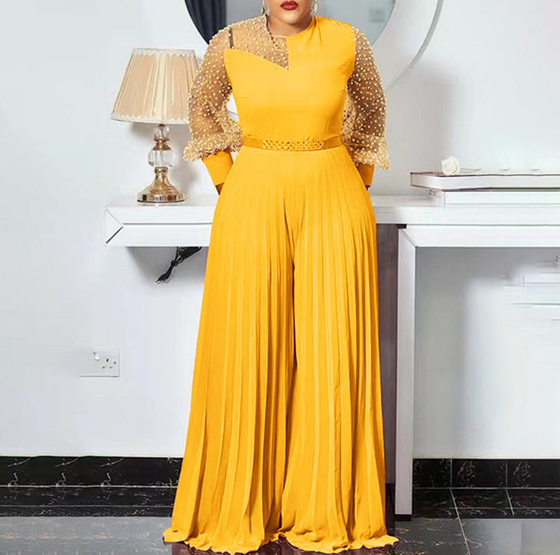 Wholesale Plus Size Patchwork One Piece Wide Leg Jumpsuits Chiffon Mesh See-Through Jumpsuit