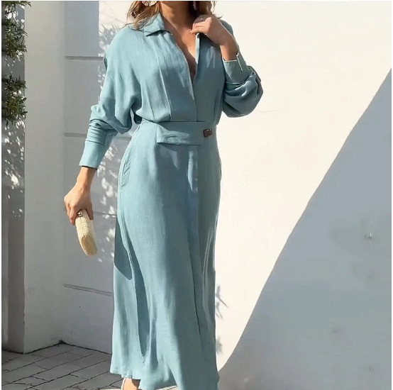 Solid Color Shirt Collar Dress Long Sleeved Long Skirt