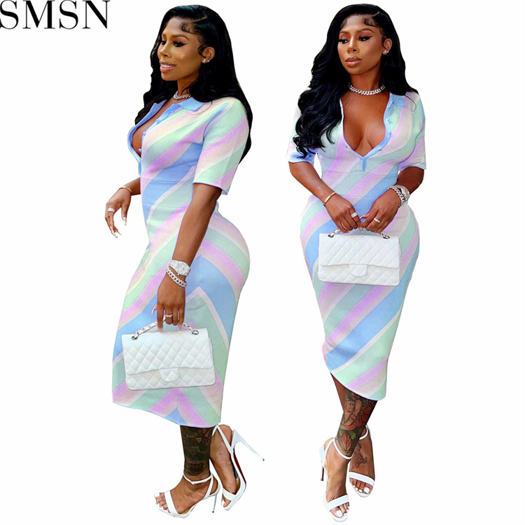 Casual Dress digital stripes contrast color positioning printing skinny V neck button sexy dress