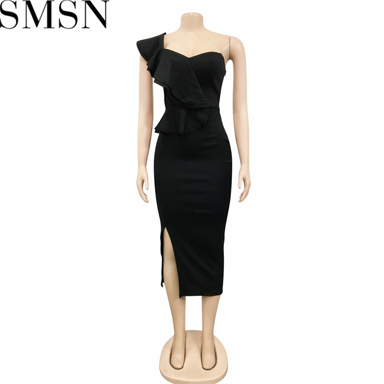 Plus Size DressFashion casual ruffled split one shoulder sleeve dress