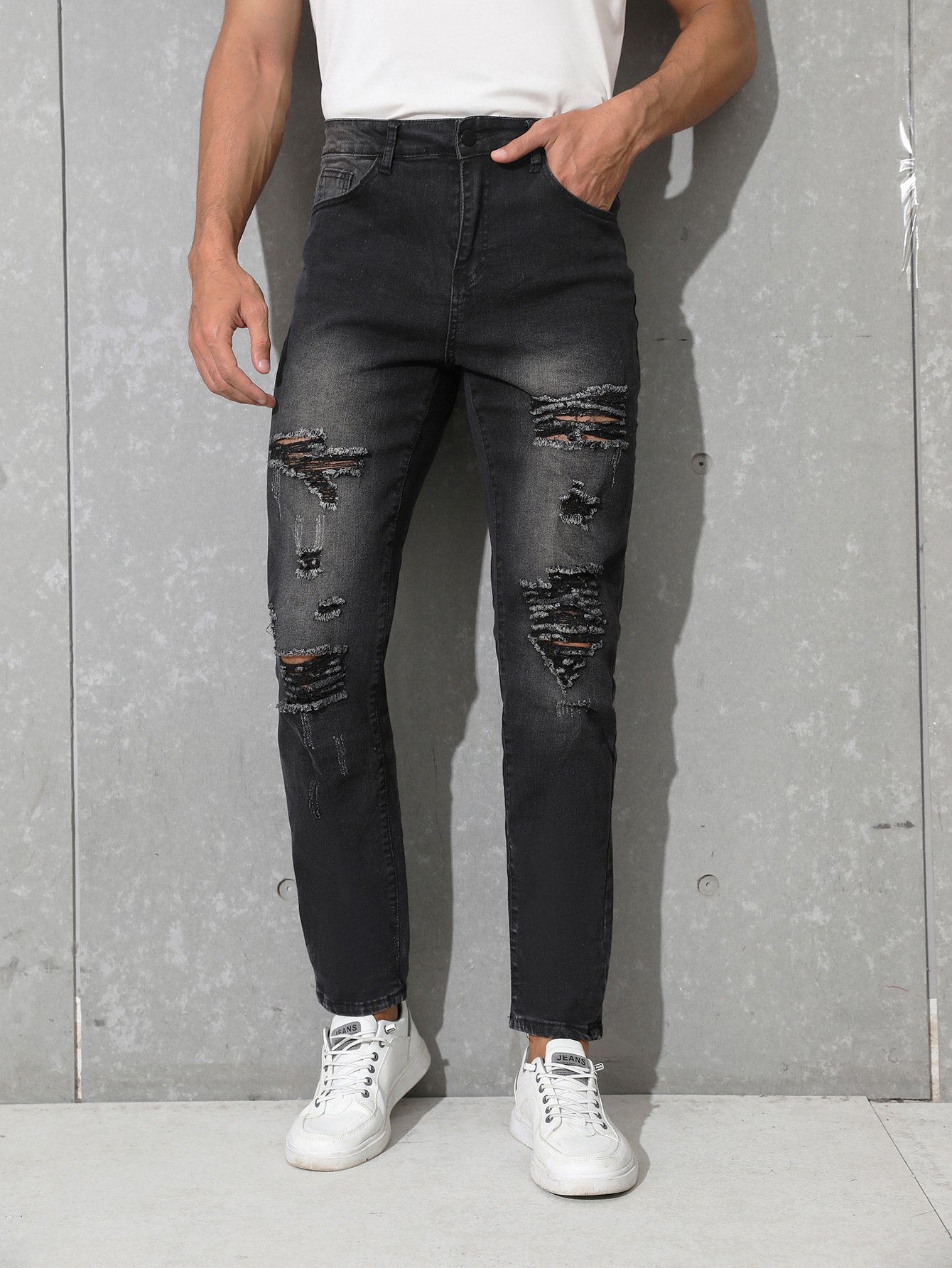 Casual men's stretch pierced dark gray jeans