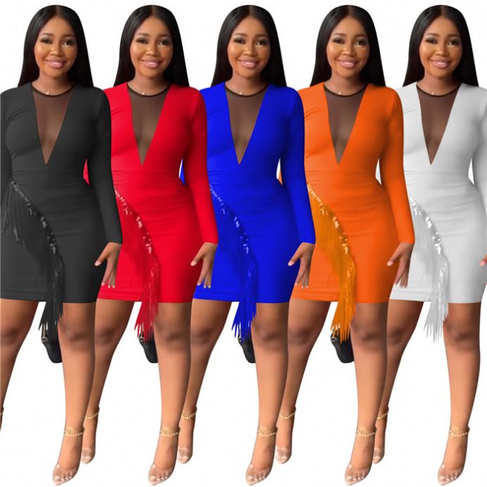 Boutique clothing 2022 mesh long sleeve classic dresses tassel sexy night dress