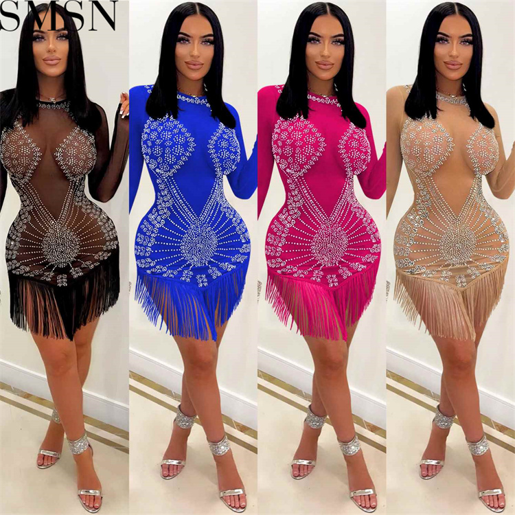 Casual Dress fashion nightclub hot drilling mesh see through silk long sleeve short dress