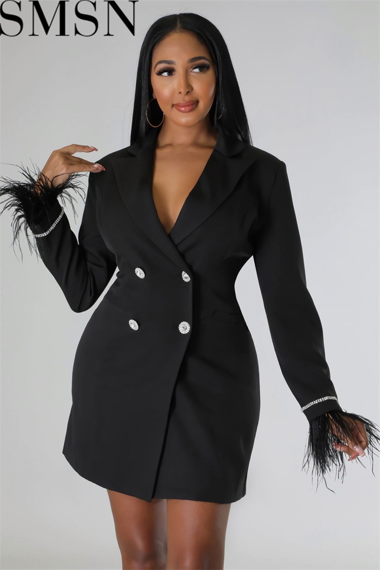 Plus size dress autumn and winter European and American sexy hot drilling furry double breasted dress