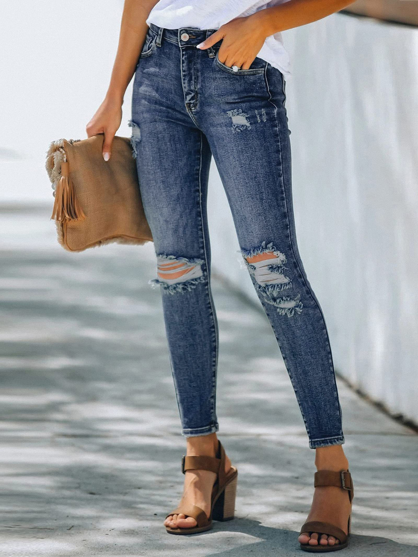 Hole washing slim elastic denim Leggings