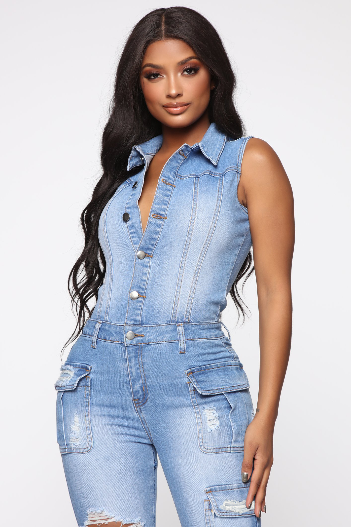 Casual slim hole denim Jumpsuit