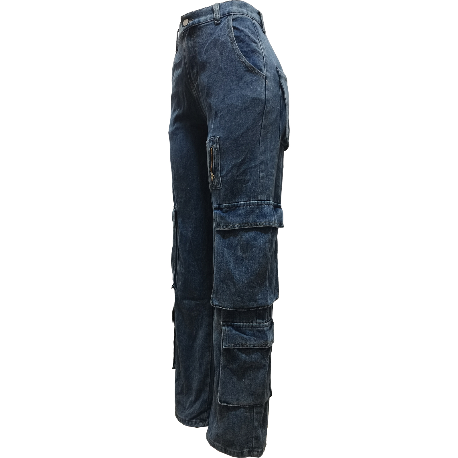 Fashionable water washing work bag zipper casual elastic waist denim pants