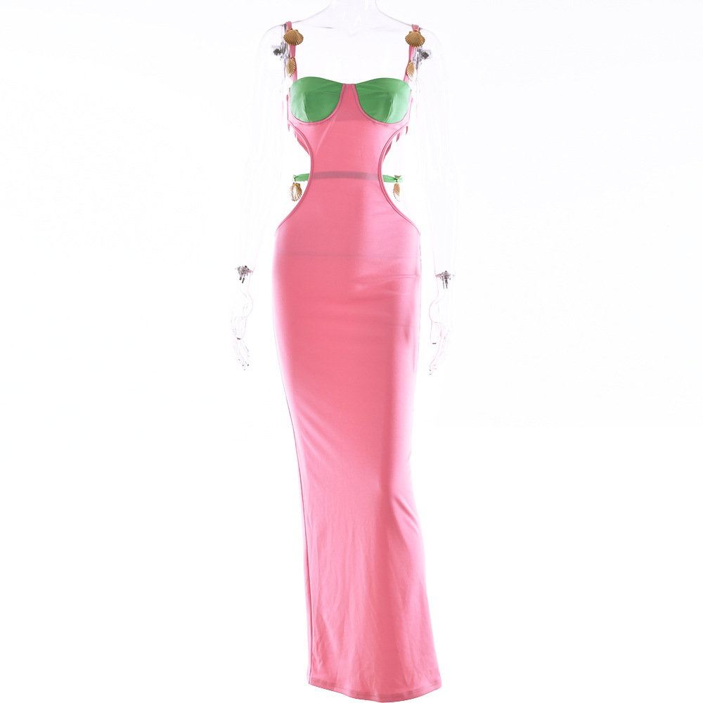 Plus Size Dress Amazon Color Contrast Patchwork Strap Backless A  line Dress Sexy Waist Hollow out Split Dress