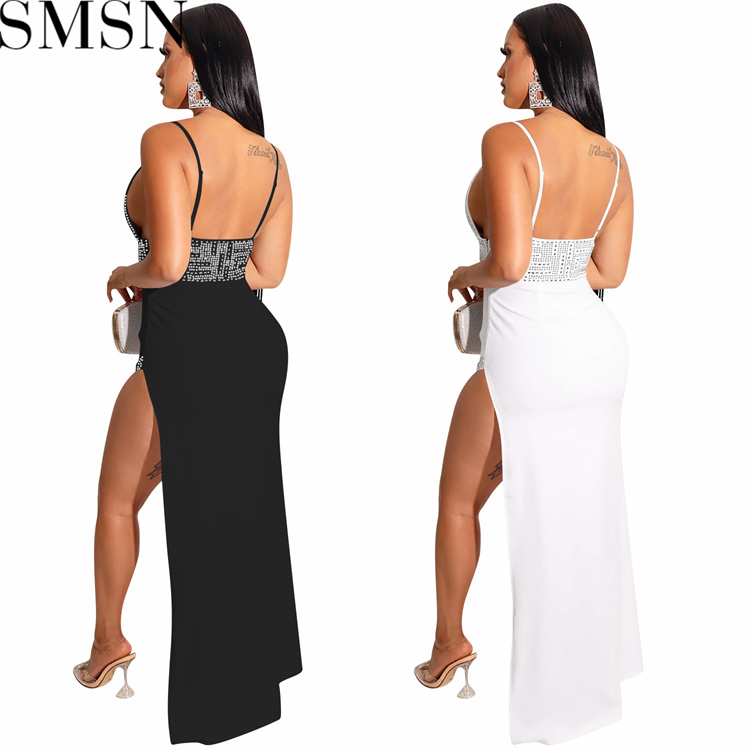 Fashion women dress Amazon new night club style rhinestone sexy strap irregular long dress