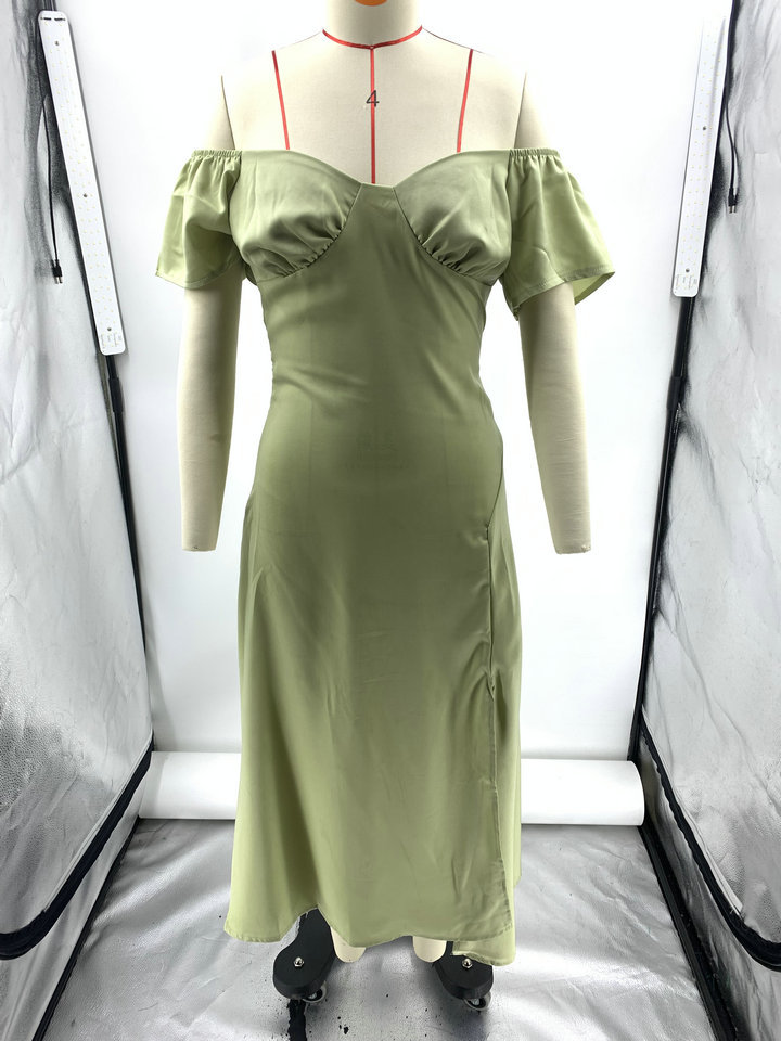 Satin Short Sleeves Sexy One Line Neck Pleated Dress