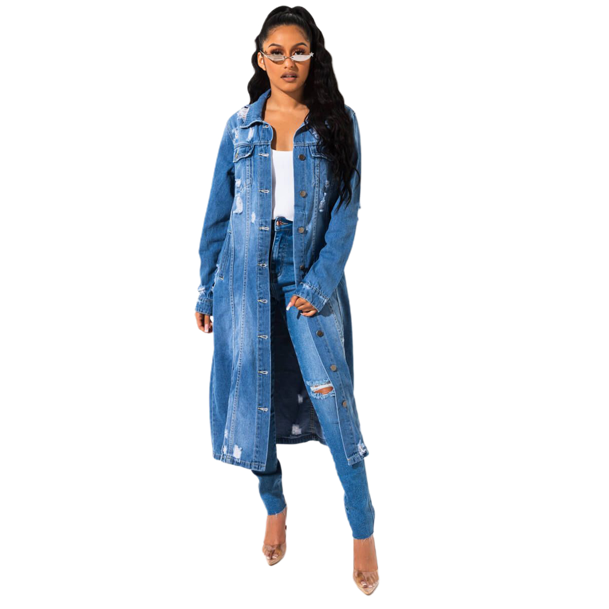 New denim long Cape hole dress