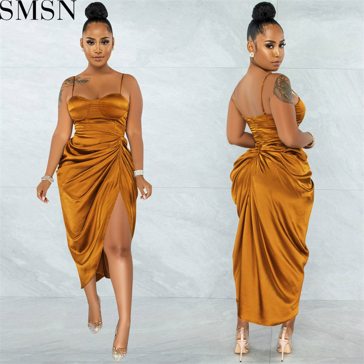 Evening Dresses 2022 Fashion solid color women sexy spaghetti straps chest wrap crimp split dress