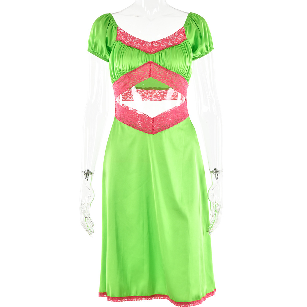 Lace Color Matching Dress Women'S Fashion Hot Sale Sexy Hot Girl Puff Sleeve Skirt