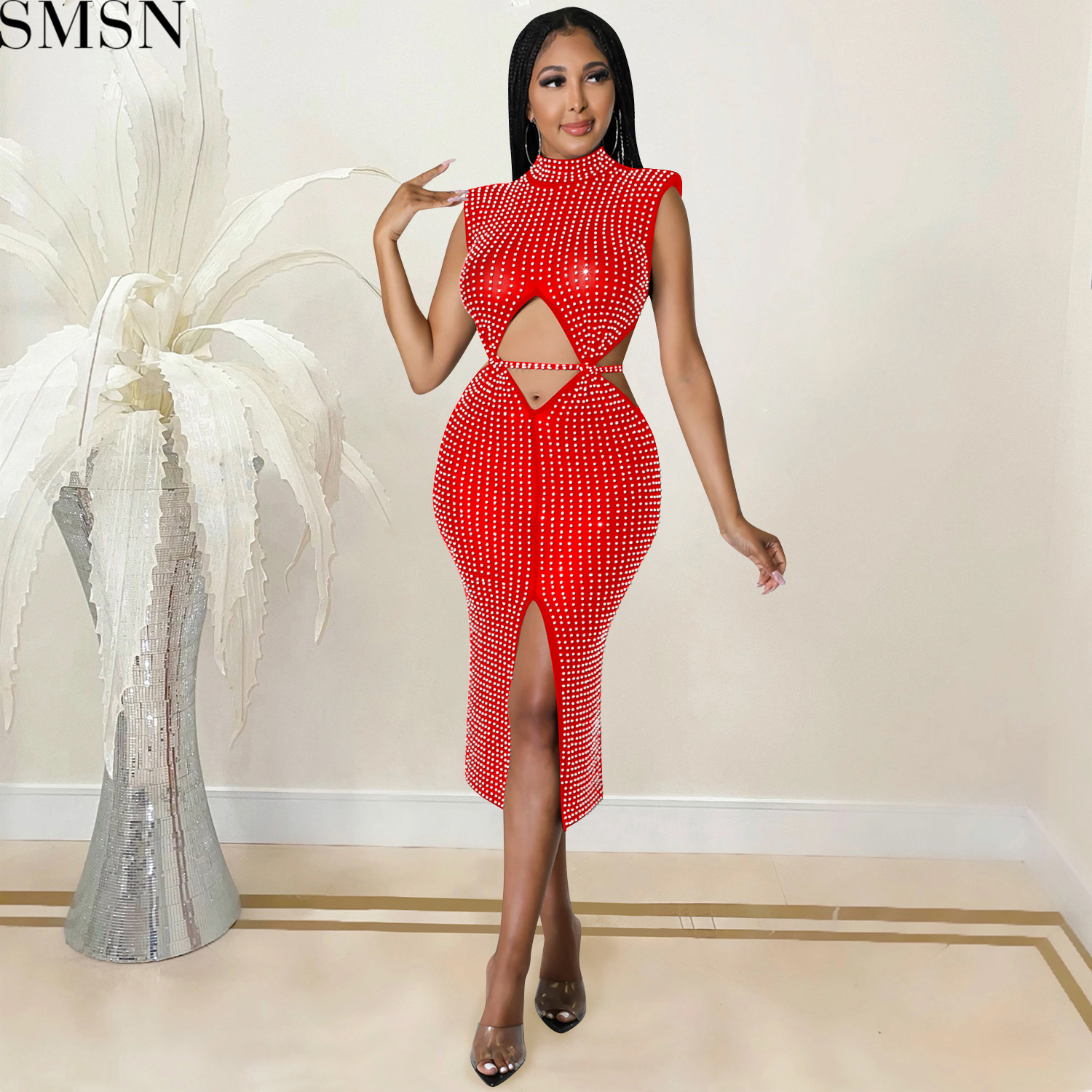 Fashion women dress sexy mesh see-through hot rhinestone hollow split dress women's clothing plus size casual dress