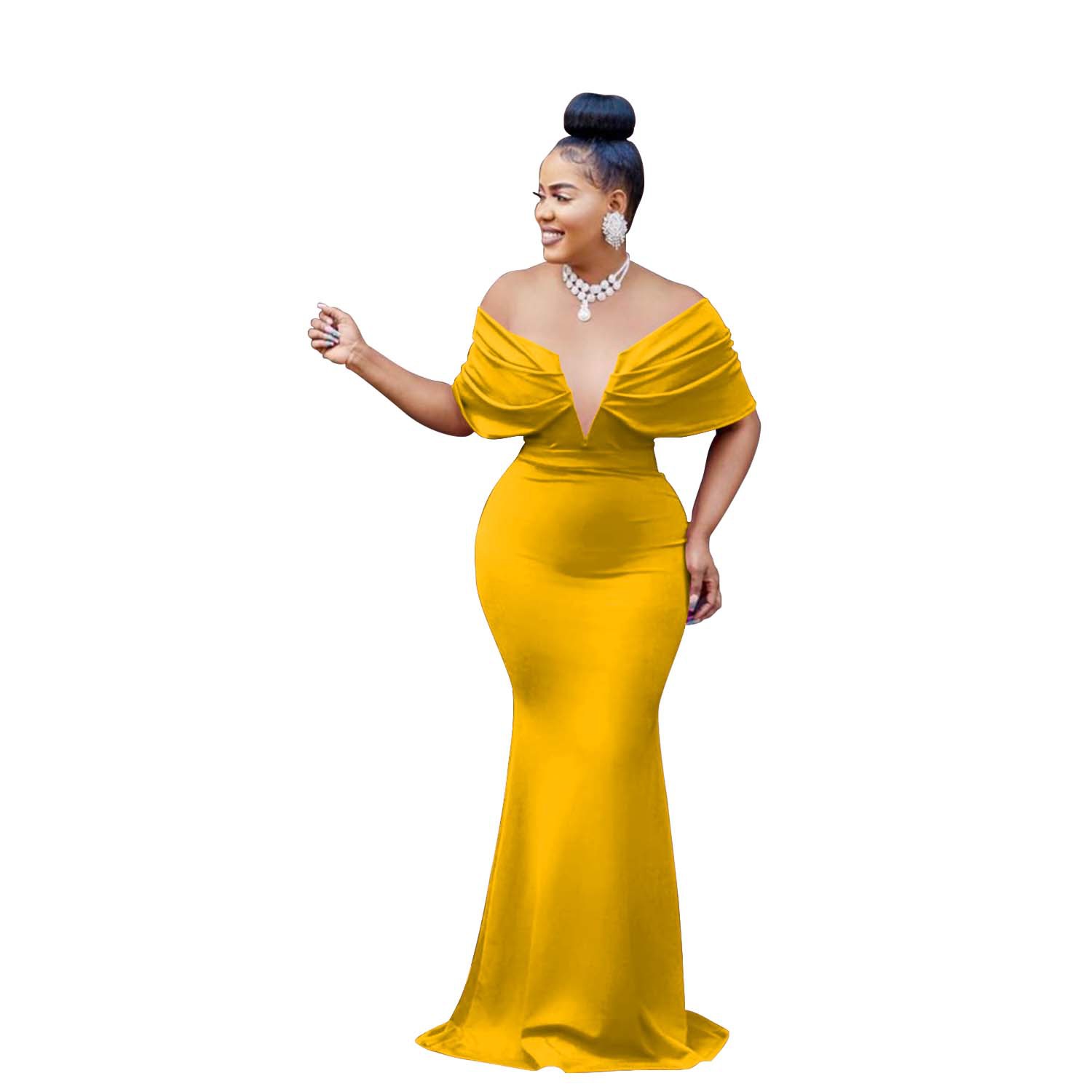 Solid Off Shoulder Deep V Open Back Fishtail Dress