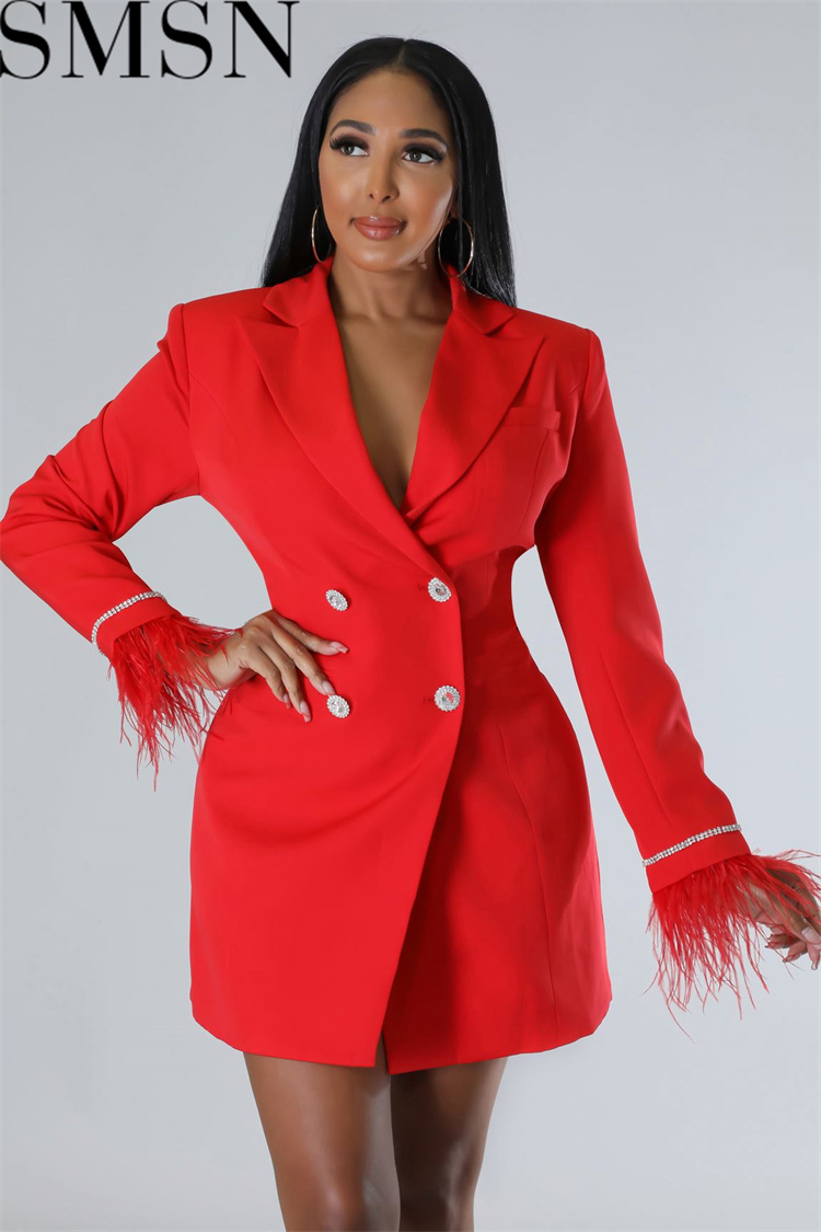 Plus size dress autumn and winter European and American sexy hot drilling furry double breasted dress