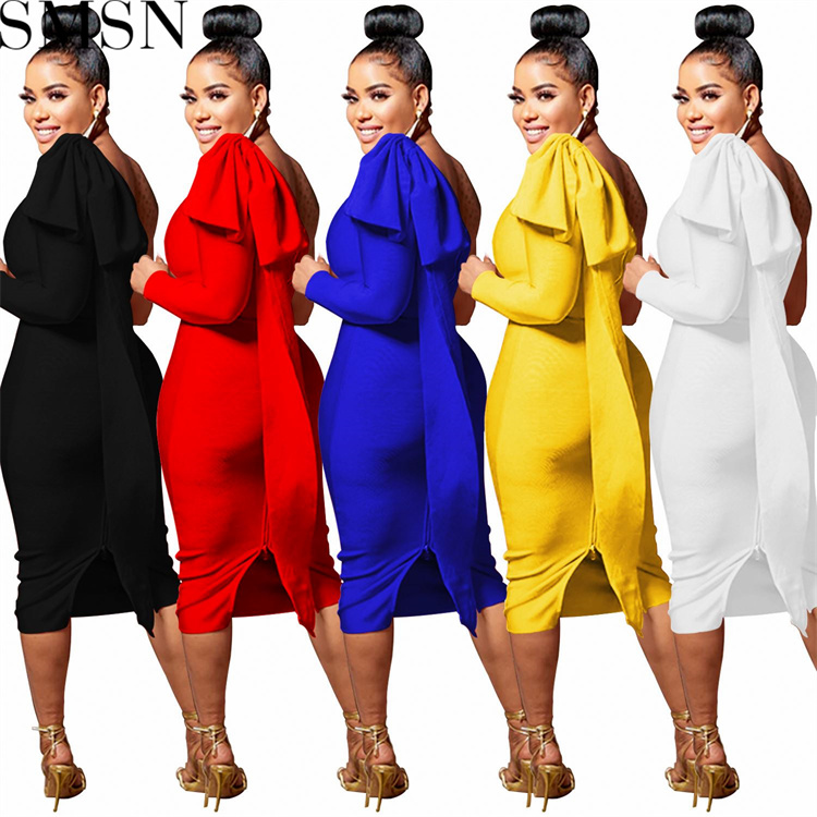 Fashion women dress Amazon women wear new diagonal collar single long sleeve bowknot ribbon dress