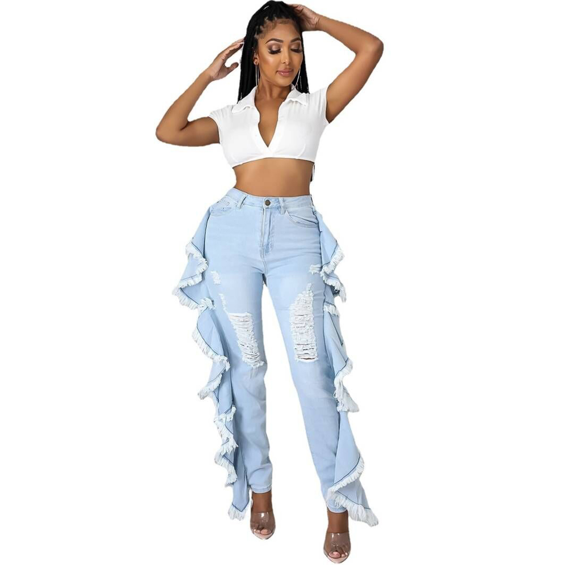 Tassels wash holes slim sexy jeans