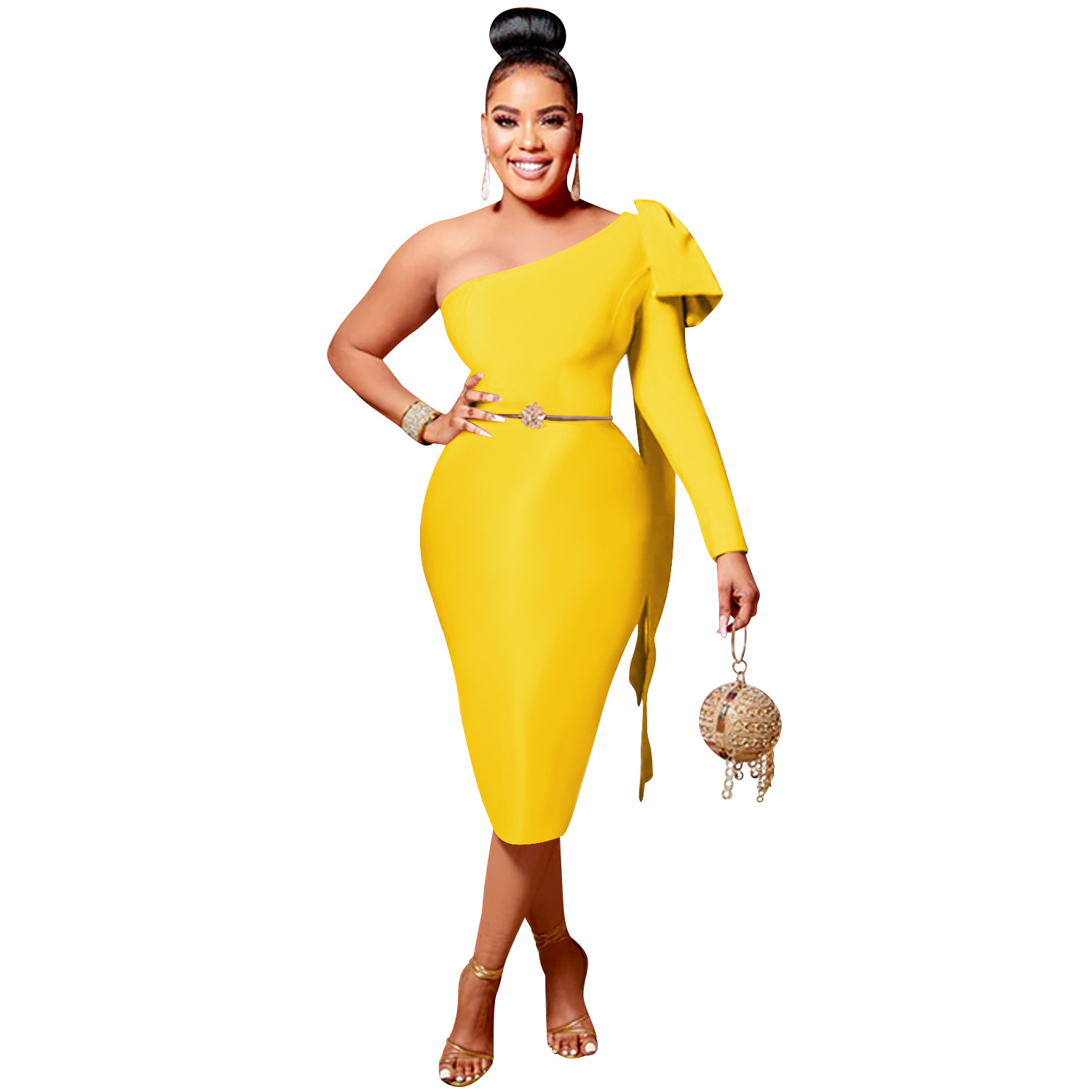 Fashion women dress Amazon women wear new diagonal collar single long sleeve bowknot ribbon dress