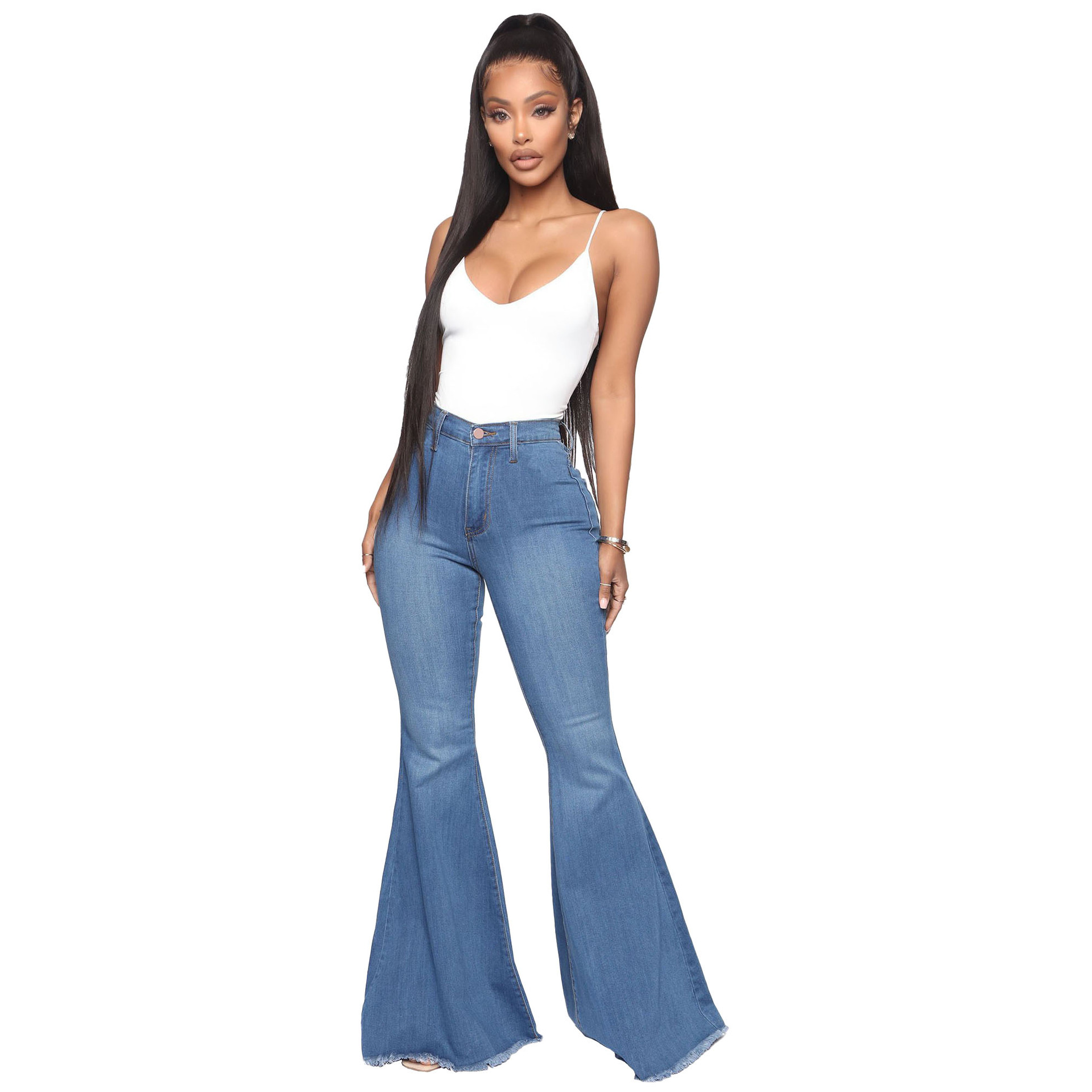 Fashion high waist elastic denim flared pants
