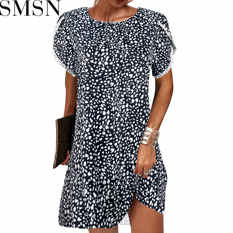 Casual Dress 2022 summer round neck short sleeve loose lace edge ladies floral dress