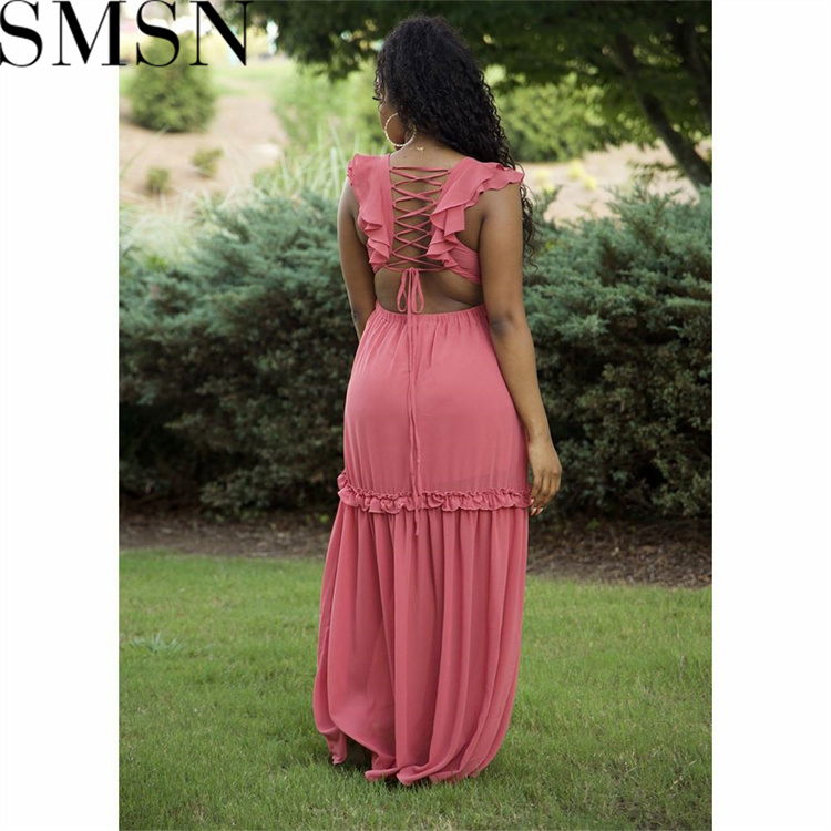 Plus size dress Amazon Quality Dress Sexy Deep V Lace up Wooden Ear Ruffled Vest Dress