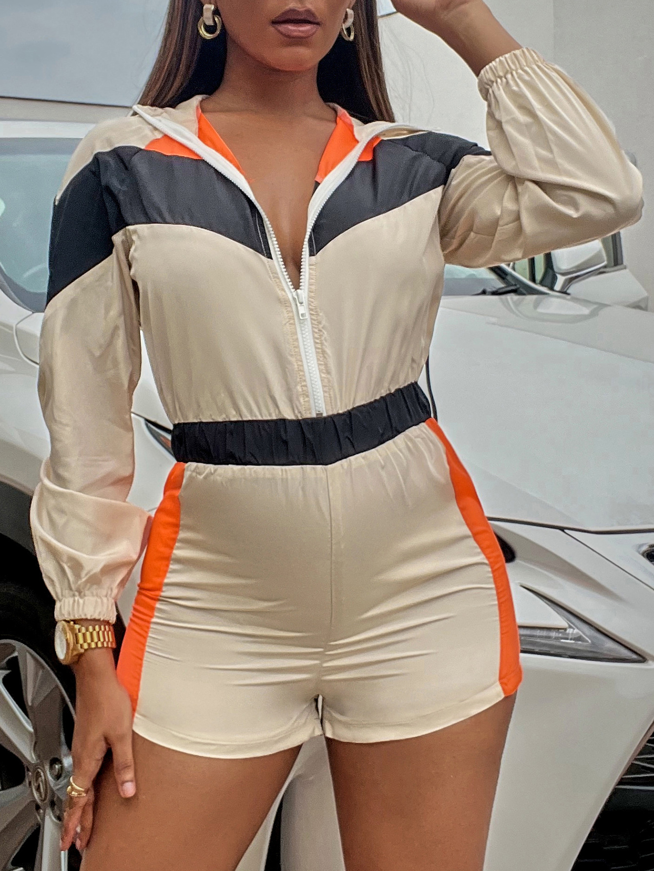 Casual multi panel zipper one-piece shorts