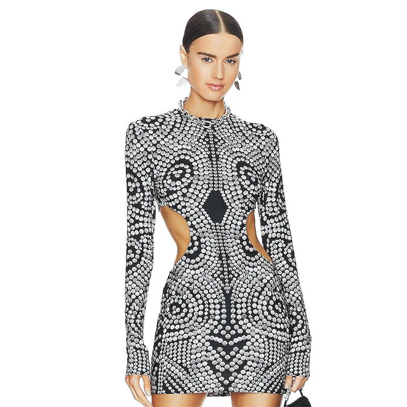 Polka Dot Printed Long Sleeved Round Neck Waist Hollowed Out Dress