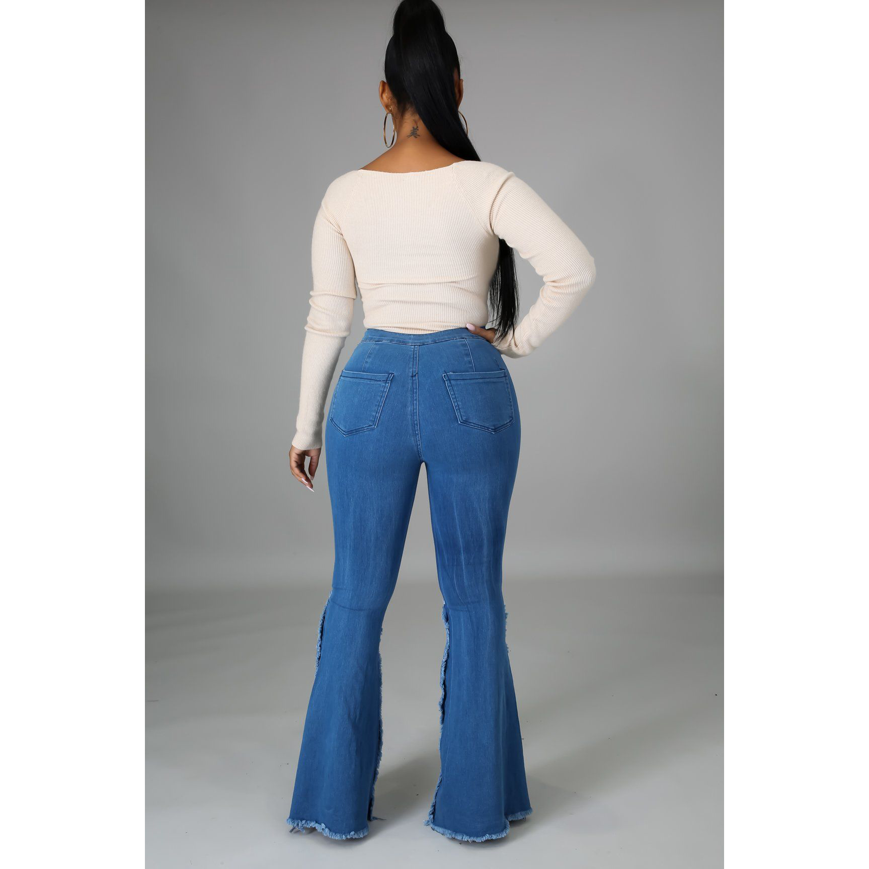 Stitching hole washed jeans flared pants