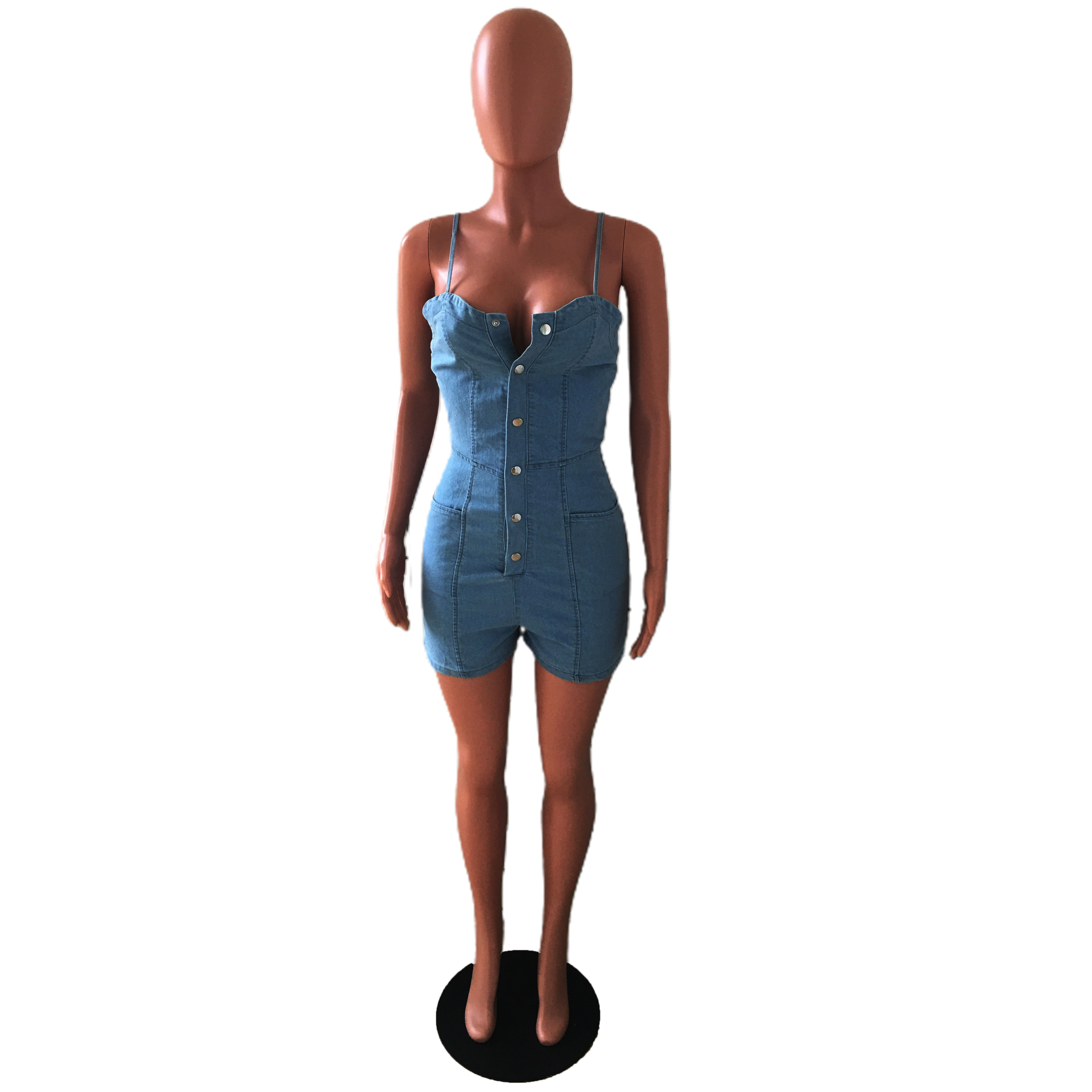 Casual high elastic denim suspender Jumpsuit