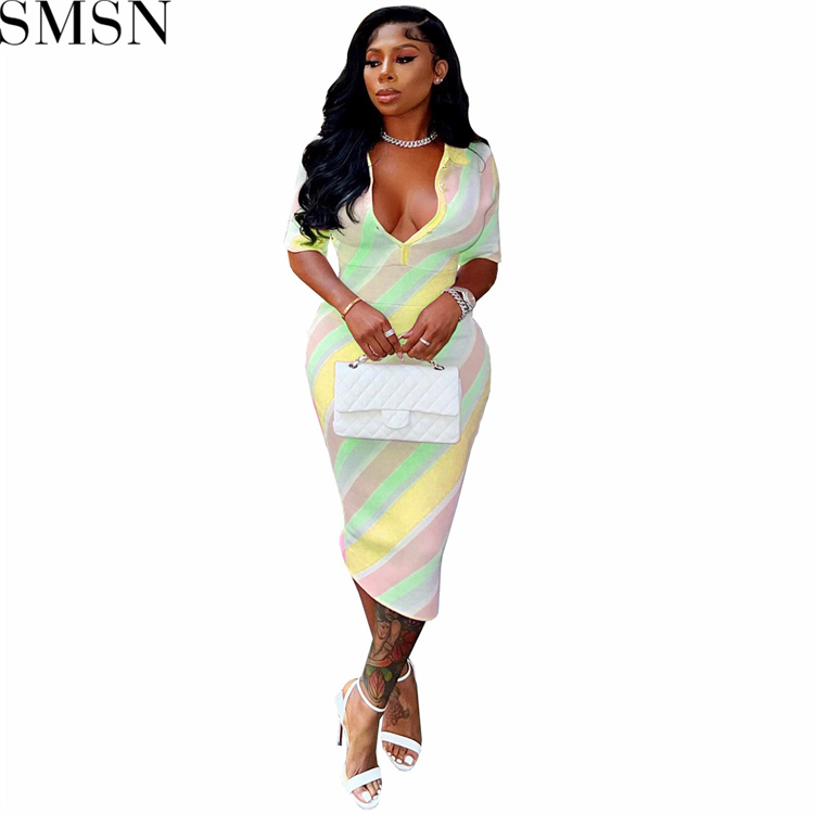 Casual Dress digital stripes contrast color positioning printing skinny V neck button sexy dress